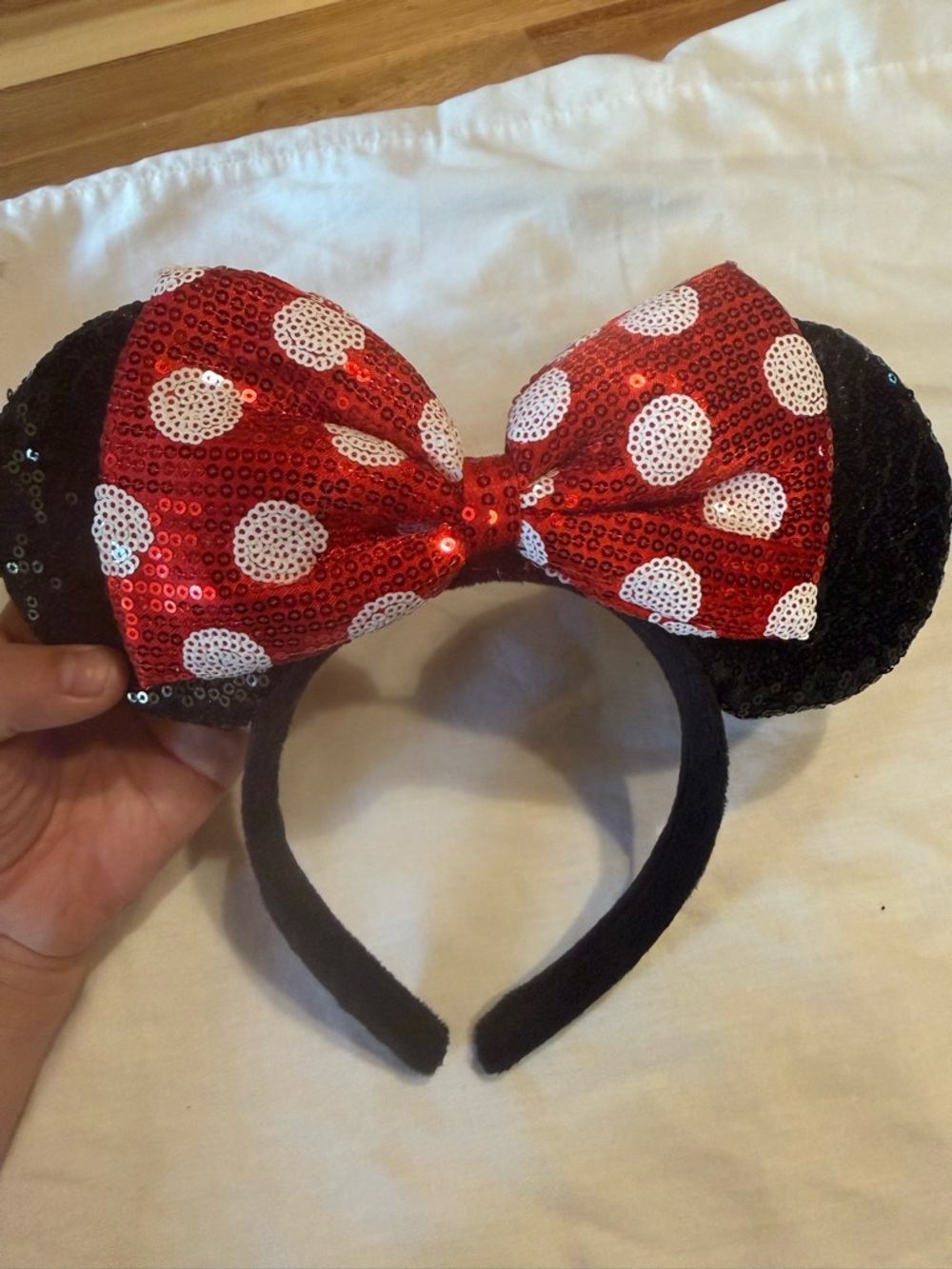 Sequin Minnie Mouse Style Ears Headband with Red Polka Dot Bow